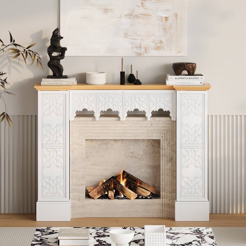 Solid Pine Wood Fireplace Mantel Cabinet with Hidden Storage – White Decorative Console