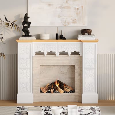 Solid Pine Wood Fireplace Mantel Cabinet with Hidden Storage – White Decorative Console