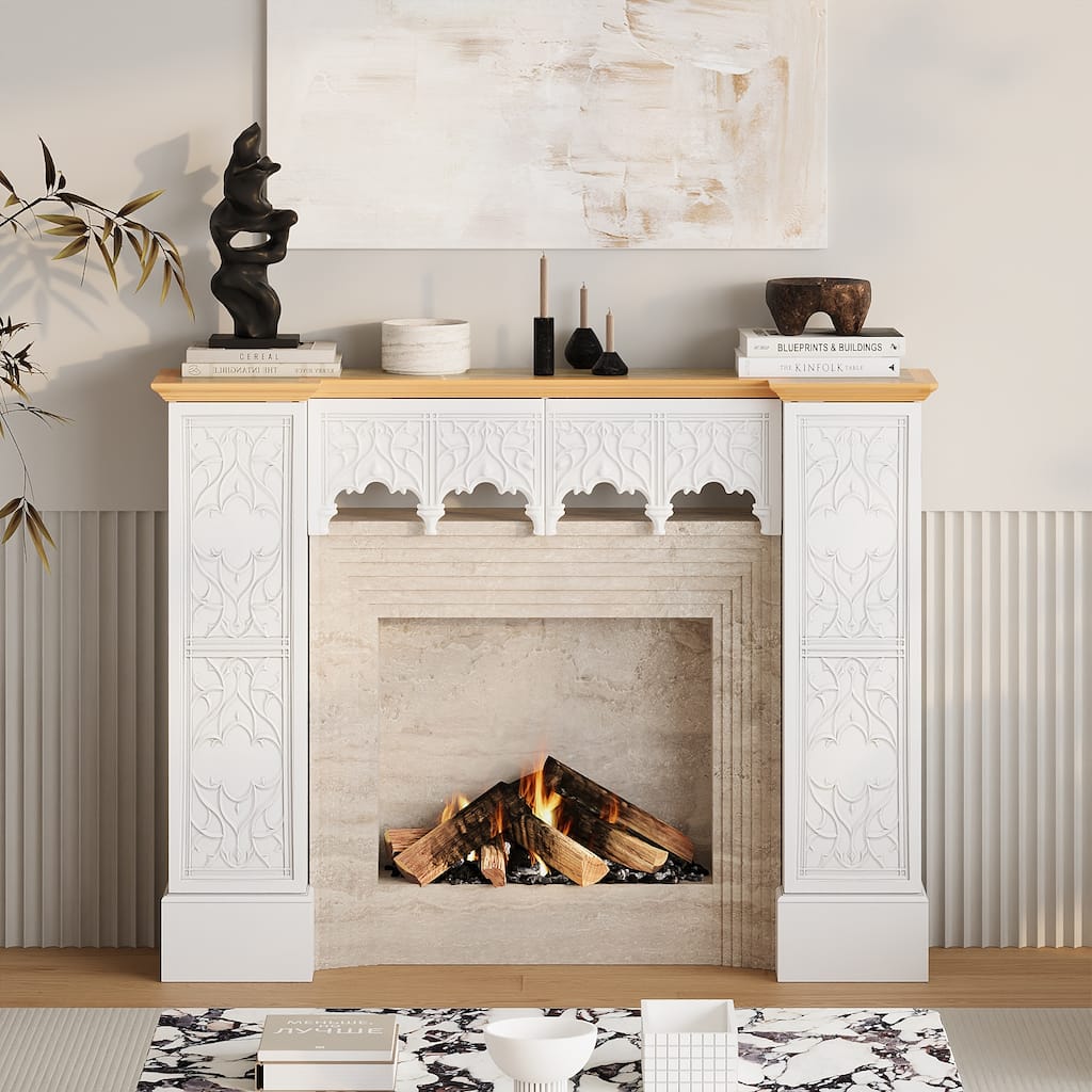 Solid Pine Wood Fireplace Mantel Cabinet with Hidden Storage – White Decorative Console