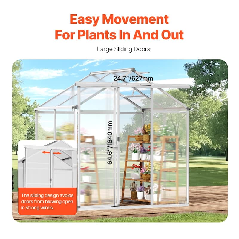 Clear PC Aluminum Greenhouse with Sliding Door & Roof Vent - 6 x 4 Ft