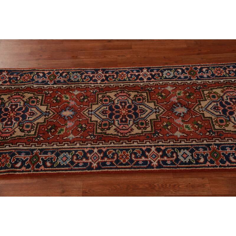 Hand Knotted Oriental 100% Wool Carpet Traditional Geometric Oranges & Rust Heriz (serapi) Runner Rug - 8' 0'' X 2' 6''