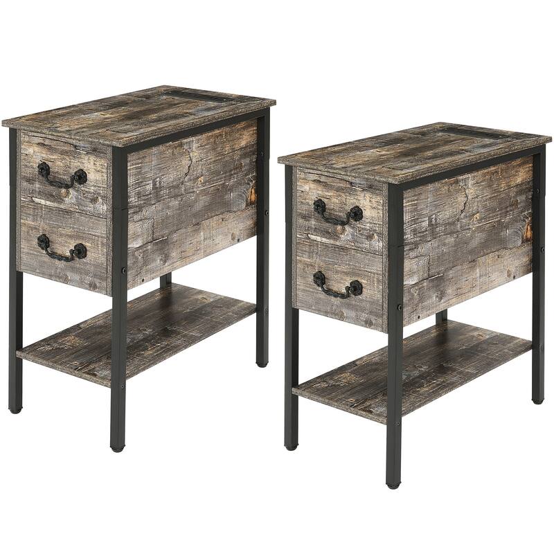 Set of 2 Nightstand with Charging Station, 2 USB Port & 2 Power Outlets, Tall End/Side Table with 2-Drawer and Storage Shelf - Old Gray