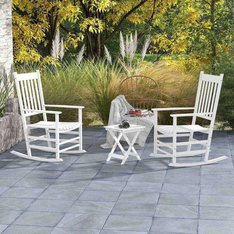 Outsunny Wooden Rocking Chair Set w/ Foldable Side Table, Outdoor Rocker Chairs - White