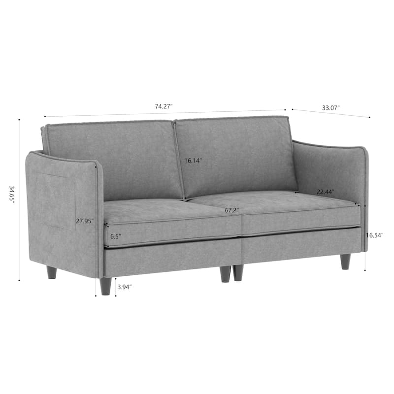 74.27" Fabric 3-Seater Sofa with Pocket Springs, Side Storage and Wood Frame