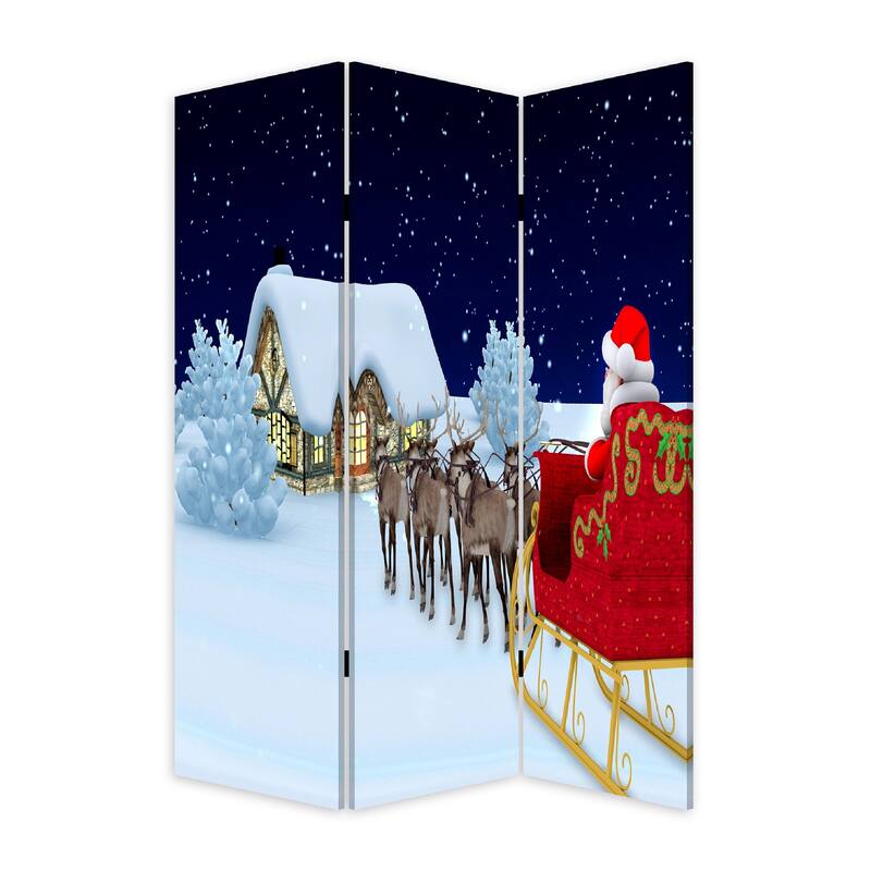 72 Inch 3 Panel Canvas Screen Room Divider, Painted Christmas Tree, Green