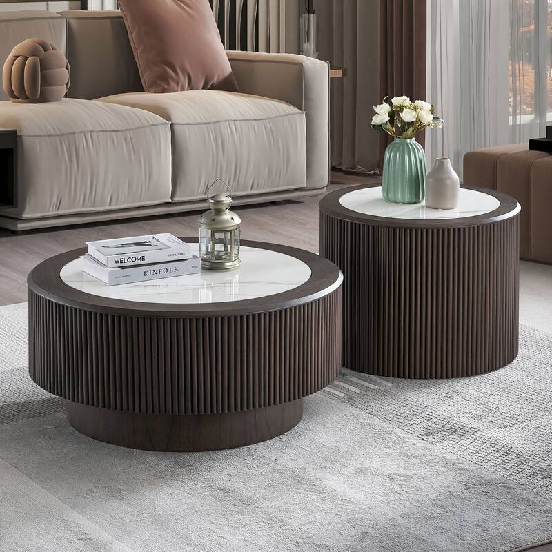 Modern Marble Pattern Coffee Table Set,31.5 and 23.62 inch Round End Coffee Table,MDF Coffee Table with Sturdy Pedestal - Dark Brown