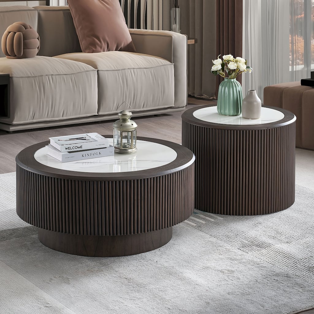 Modern Marble Pattern Coffee Table Set,31.5 and 23.62 inch Round End Coffee Table,MDF Coffee Table with Sturdy Pedestal