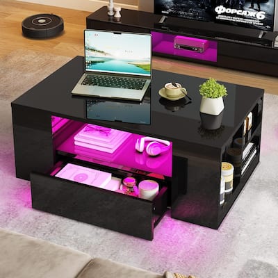 Moasis Modern High Gloss LED Coffee Table with 2 Drawers, Cocktail Center Table w/Shelves