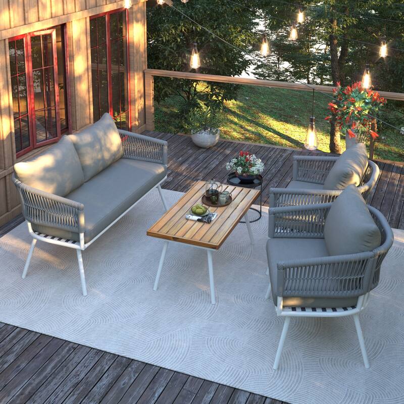 4 Piece Patio Furniture Set, Patio Conversation Set with Acacia Wood Table, 2 Chairs and 1 Loveseat Sofa with Thick Cushion
