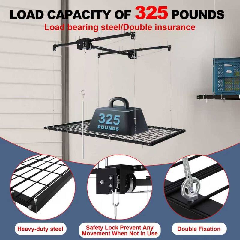 Roomfitters Overhead Garage Storage Rack 3x6 FT, Crank Down Ceiling Organizer for 10-12 FT Garages, 270lb Lift, White