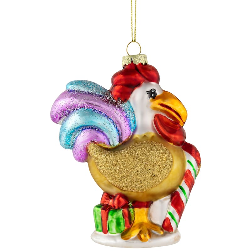 5" Gold and Red Rooster Glass Christmas Ornament