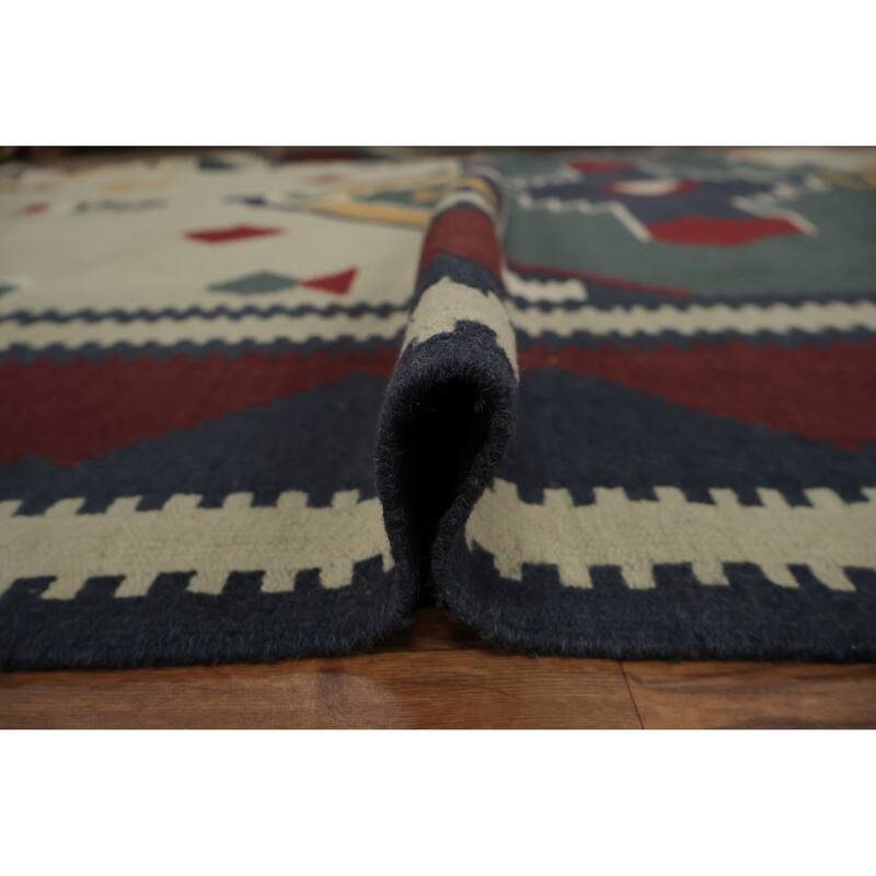 Hand Woven Oriental 100% Wool Carpet Southwestern Tribal Beige & Ivories Kilim Area Rug - 11' 3'' X 8' 8''