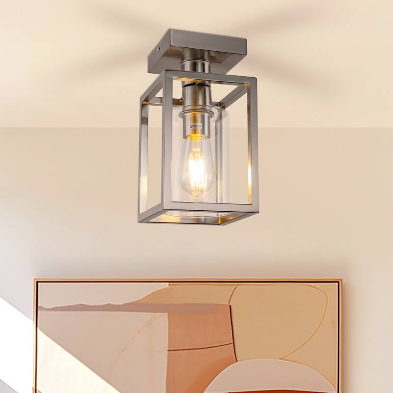 Single Rectangular Semi Flush Mount Light, Nickel Finish with Glass Shade Ceiling Fixture and E26 Base,(Bulb Not Included)