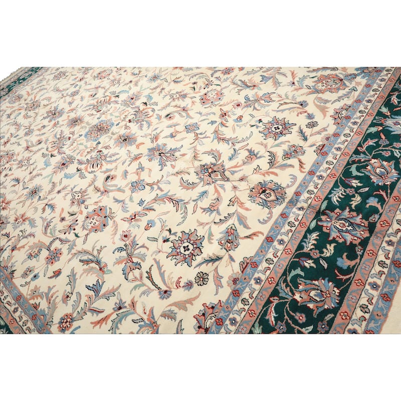 12x15 Hand Knotted Wool Cream Kashaan Traditional Botanical Plush Pile Area Rug - 12' x 15'