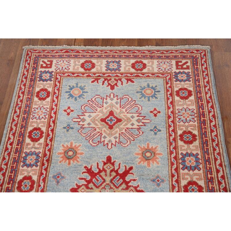 Light Blue Geometric Kazak Runner Rug Hand-Knotted Wool Carpet - 2'8" x 6'6"