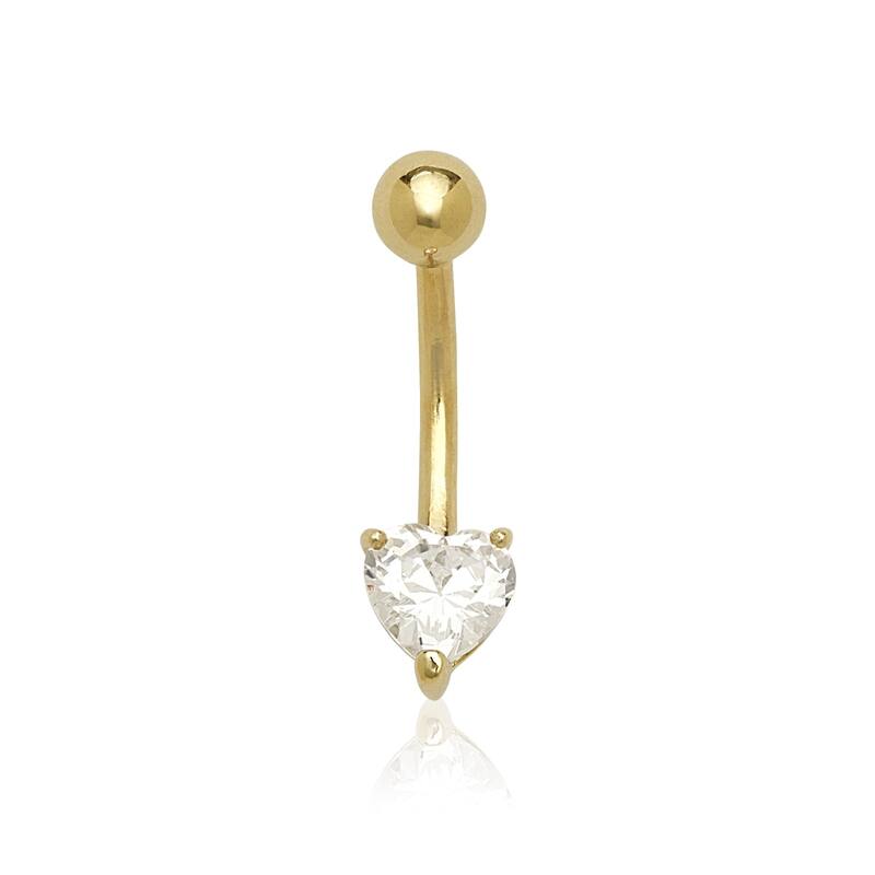 14k Gold Heart Cubic Zirconia Belly Navel Ring (14 Gauge) - White
