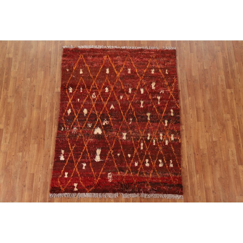 Hand Knotted Oriental 100% Wool Carpet Modern Geometric Red Moroccan Area Rug - 6' 4'' X 5' 0''