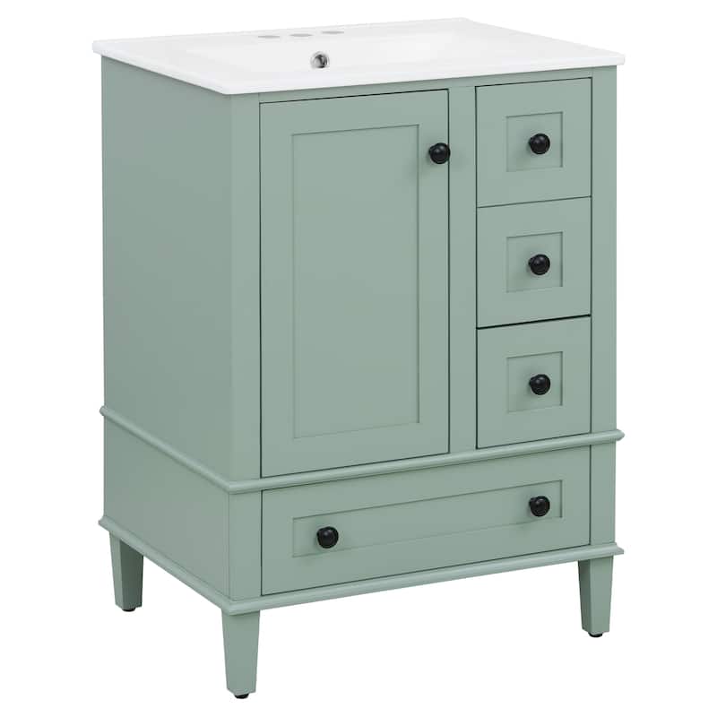 24" Bathroom Vanity with Integrated Ceramic Basin - Soft-Close Drawers, Door-Mounted Shelf