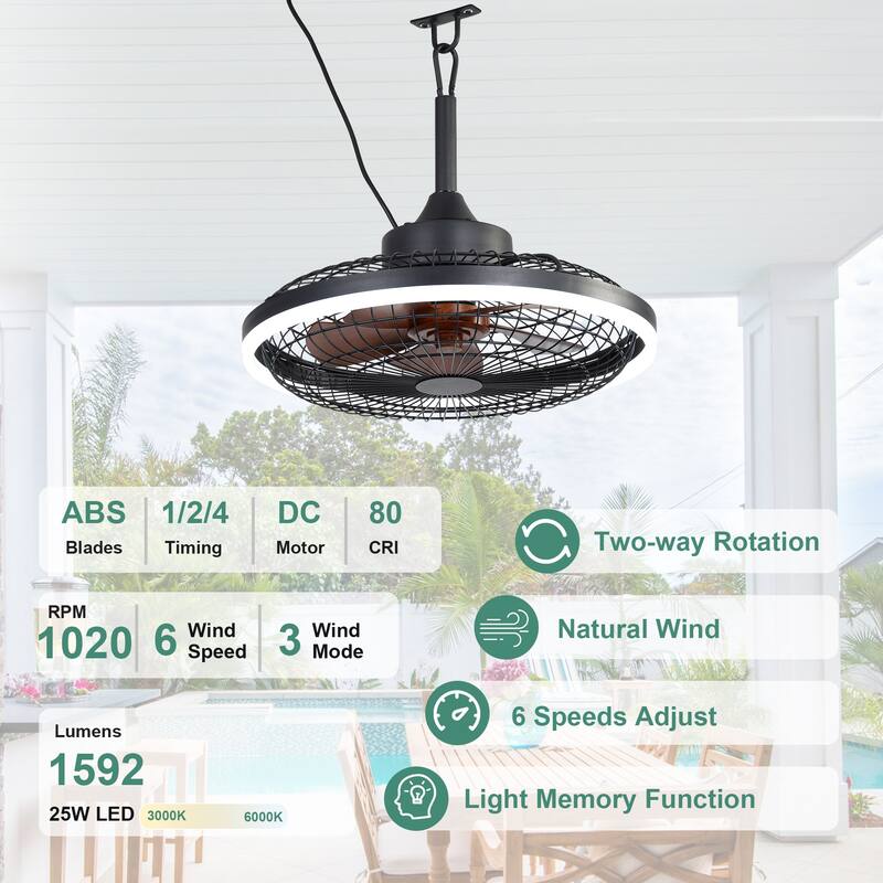 Cusp Barn 20 Inch Outdoor Indoor Ceiling Fan with Lights and APP, Modern Caged Plug In Smart Black Gazebo Ceiling Fan for Patios