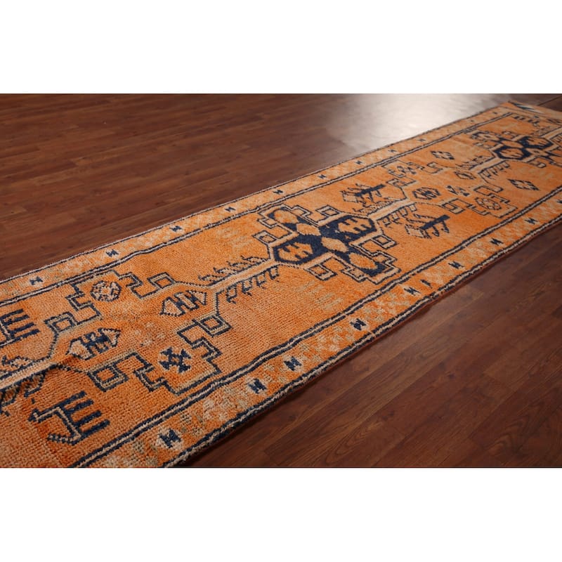 Tribal Anatolian Vintage Runner Rug Handmade Orange Wool Carpet - 2'9"x 11'2"