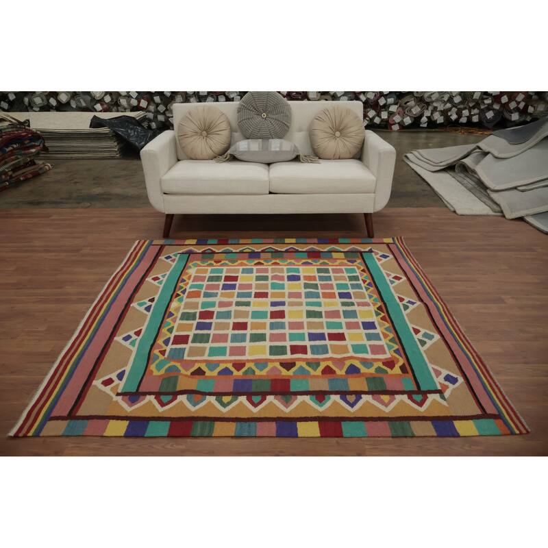 Hand Woven Oriental 100% Wool Carpet Southwestern Modern Multi-Colored Kilim Area Rug - 6' 0'' X 5' 10''