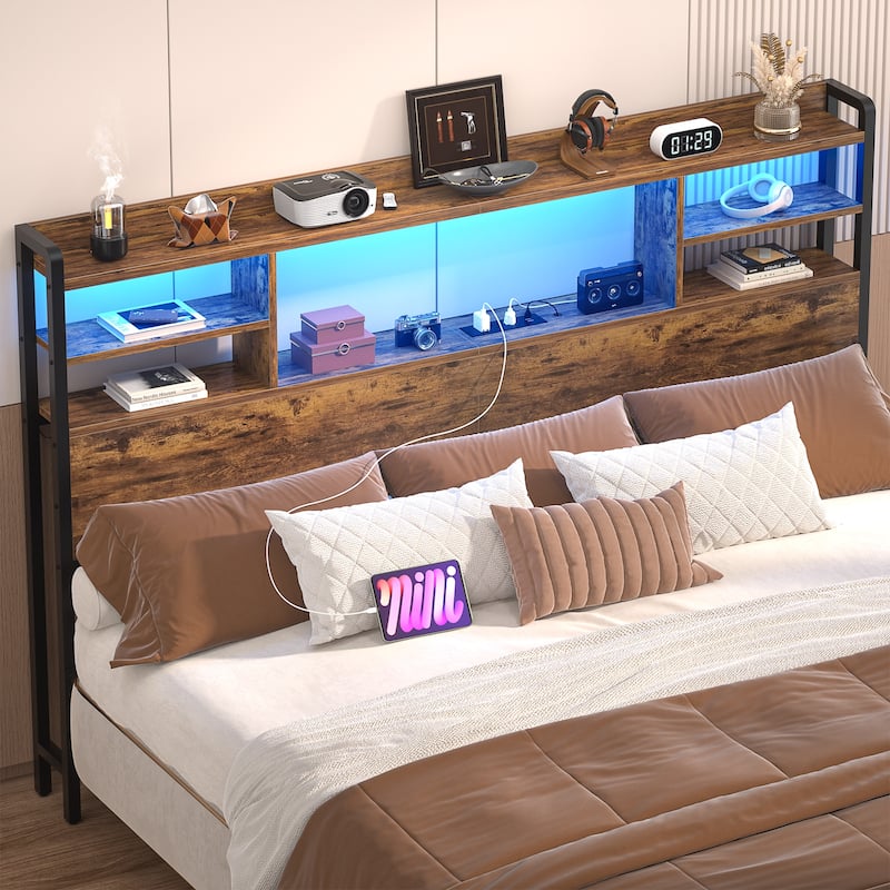 Storage Headboard with USB Port and Power Outlet, Head Board with LED Light for Bed Frame - Rustic Brown - Queen