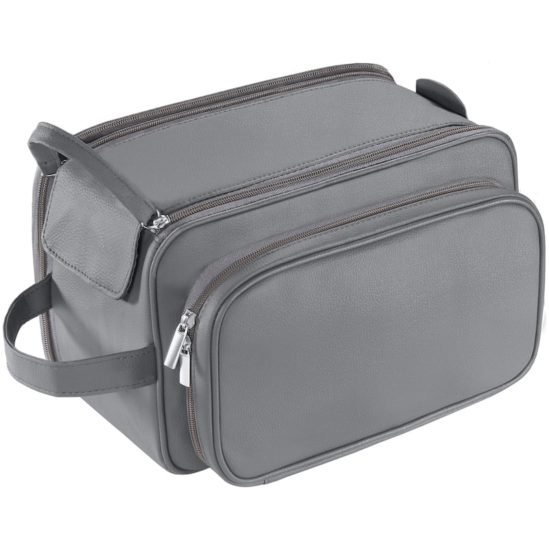 PU Leather Toiletry Bag for Men - Water-Resistant Travel Dopp Kit for Grooming, Shaving, Cosmetics & Accessories - Grey