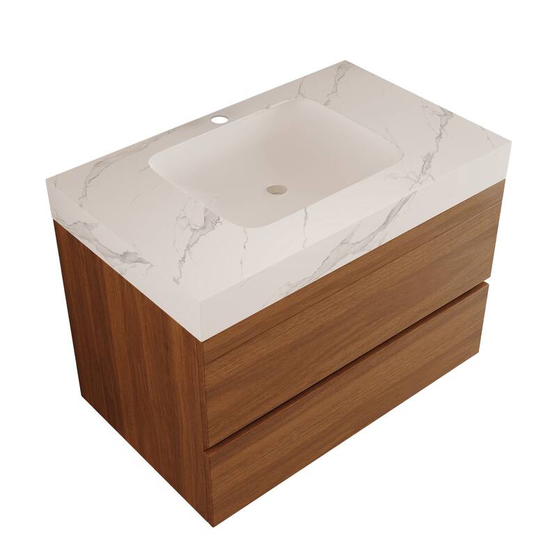 29.9" Modern Floating Bathroom Vanity - Faux Marble Top with Ceramic Undermount Sink, Wall-Mounted for Small Bathrooms