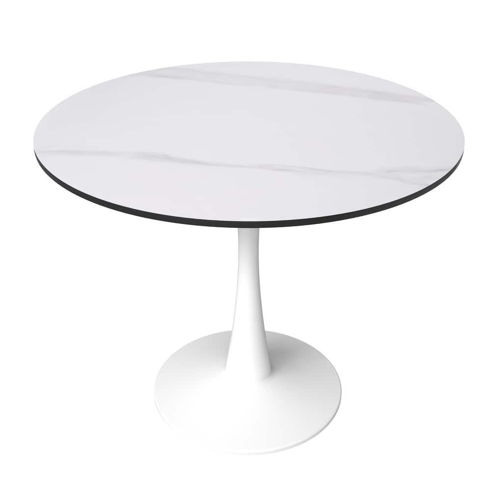 Bristol 31" Modern Round Dining Table with Sintered Stone Top & White Stainless Steel Pedestal Base for Dining Room and Kitchen