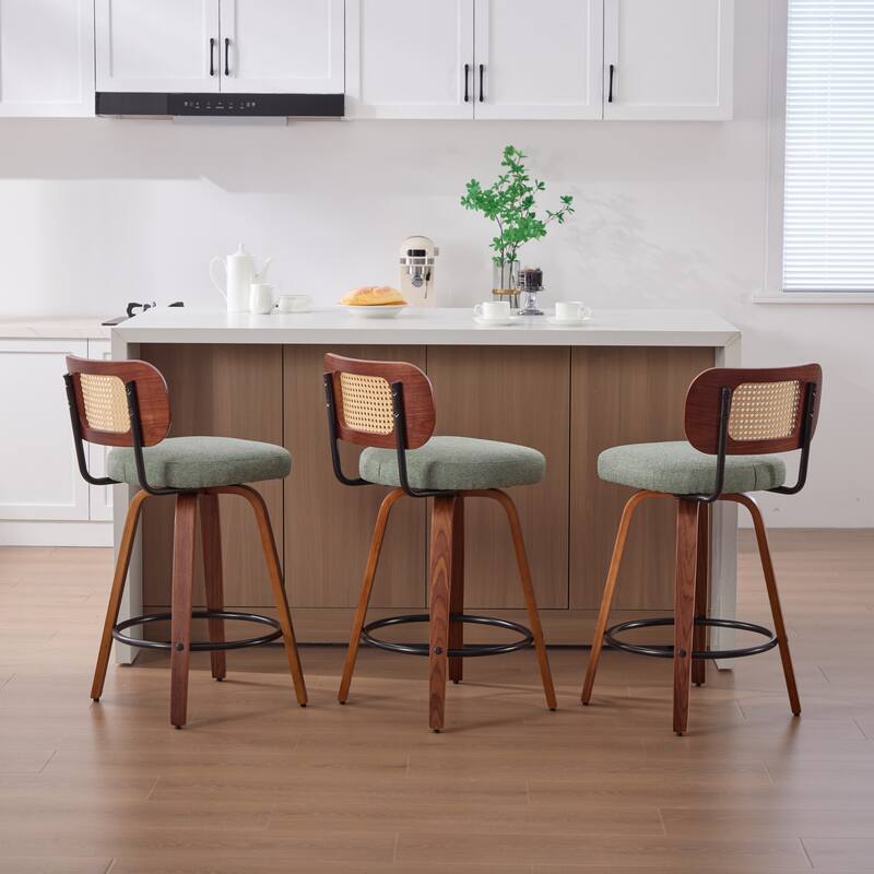 Roomfitters Upholstered Swivel Bar Stools Set of 3 with Rattan Back and Wood Legs, Modern Counter Height Dining Chairs
