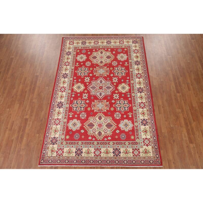 Hand Knotted Oriental 100% Wool Carpet Traditional Geometric Red Kazak Area Rug - 9' 10'' X 6' 6''