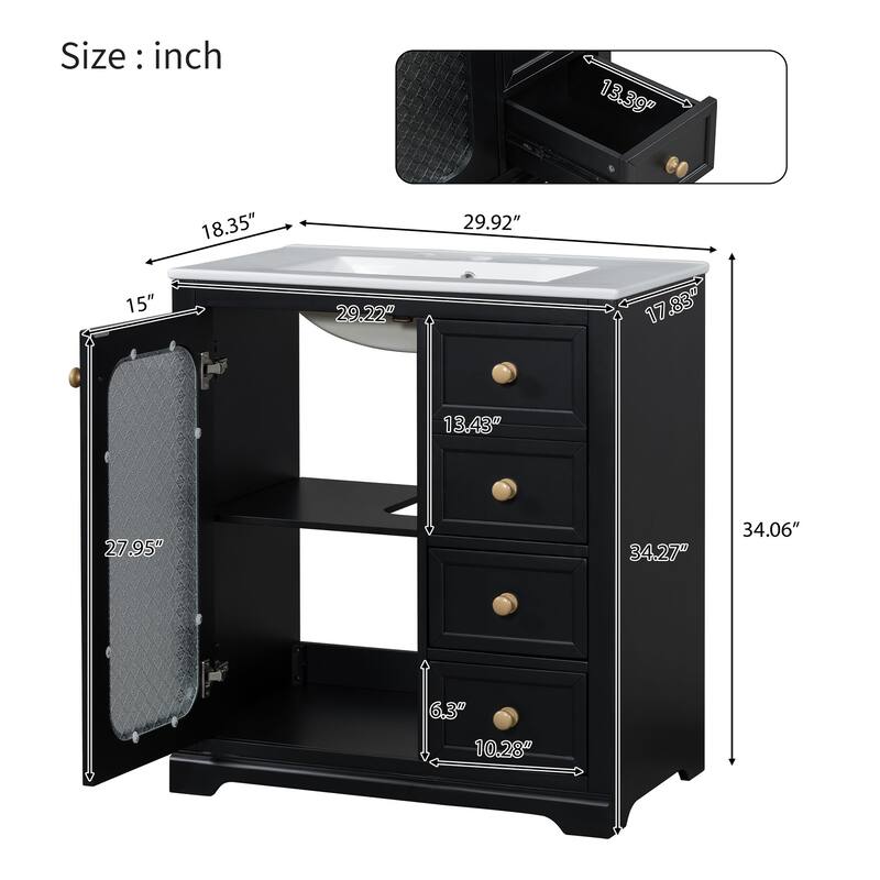 30-inch Bathroom Vanity with a Soft Close Glass Door, Adjustable Shelves, and Three Drawers