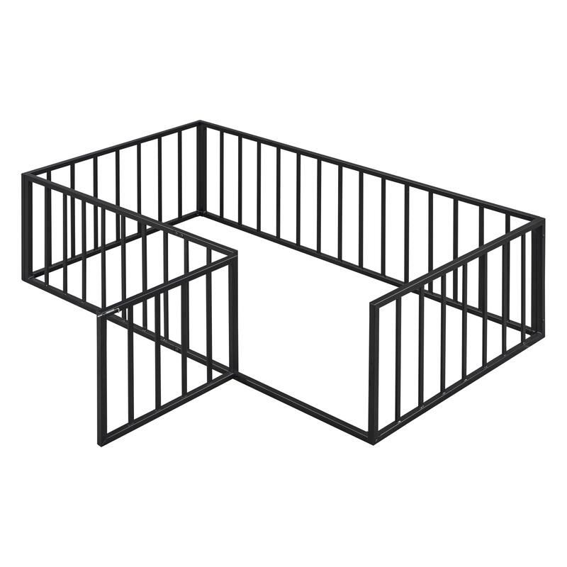 Twin Size Metal Floor Platform Bed Frame with Fence and Door, Fun and Sturdy Play Bed for Kids, Bedroom Furniture for Toddlers