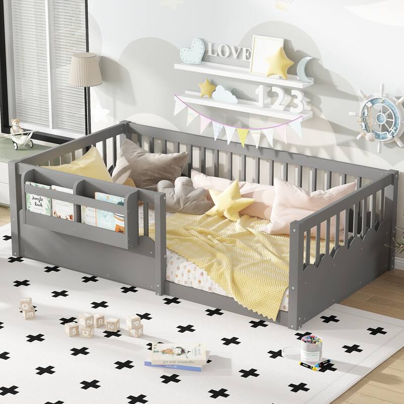 Queen/Full/Twin Floor Bed with Fence and Bookshelf, Wood Kids Floor Bed