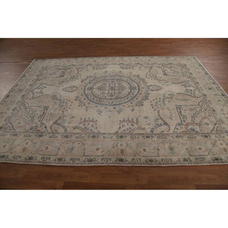 Medallion Tabriz Persian Area Rug Oriental Beige Handmade Wool Carpet - 6'9"x 9'7"
