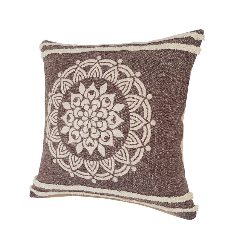 20" Brown and White Floral Medallion Square Throw Pillow