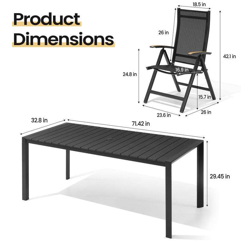 Set of 7 Outdoor Patio Dining Set WoodLike Table Top Aluminum Umbrella Hole Table with Folding Chairs