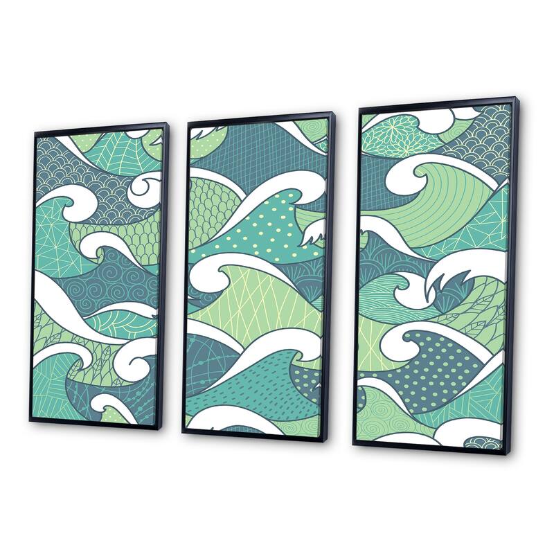 Designart "Blue And Green Abstract Sea Waves" Patterned Framed Artwork