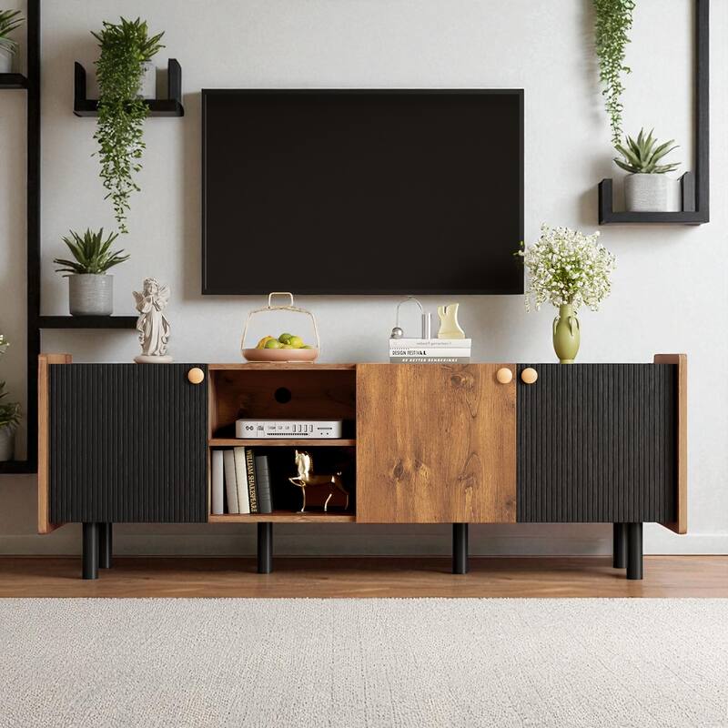 61.8" Mid Century TV Stand for 70 Inch TV, Entertainment Center with 3 Cabinets & Open Storage Shelves - Brown