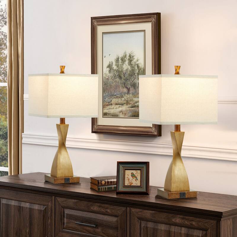 KAWOTI 22inch Table Lamp Set with USB Ports, AC Outlet, Bulb(Set of 2) - W10" * H22"