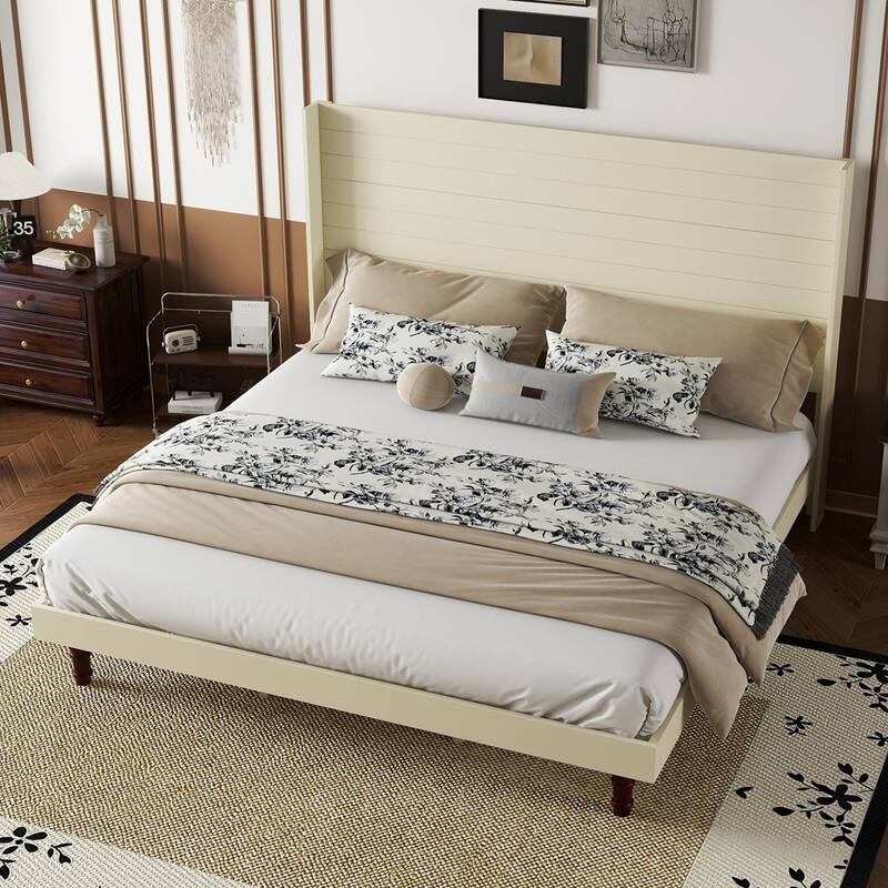 Wooden Tall Headboard Platform Bed