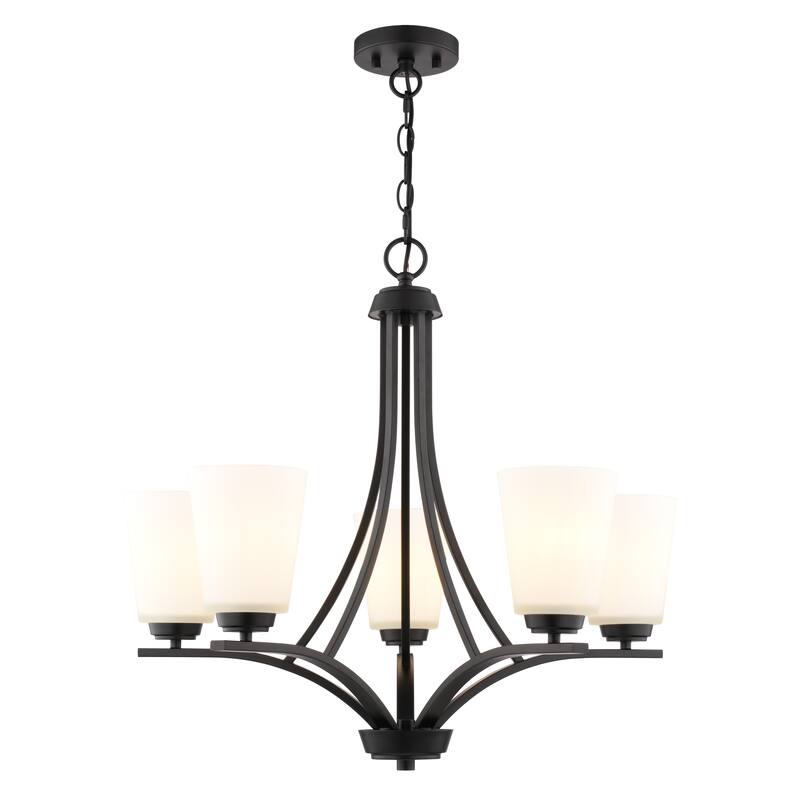 VAXCEL River Grove 5-Light Matte Black Chandelier, Frosted White Glass Shades, Adjustable Height Hanging Ceiling Fixture