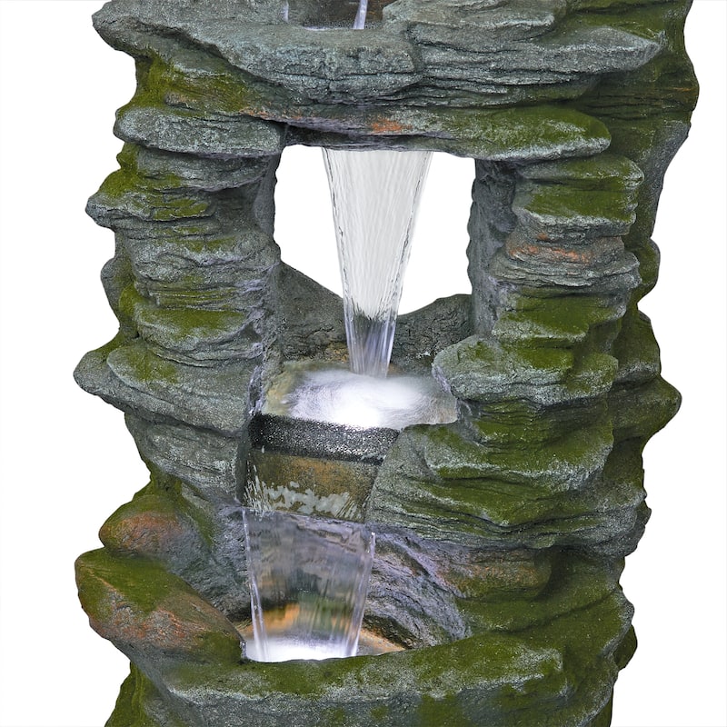 Stacked Stone Rainforest Fountain w/ Cool White LED Lights