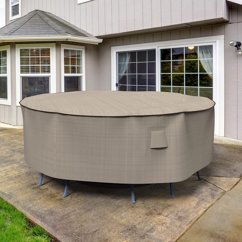 Budge Round Patio Table/Chairs Combo Cover, English Garden, Tan Tweed