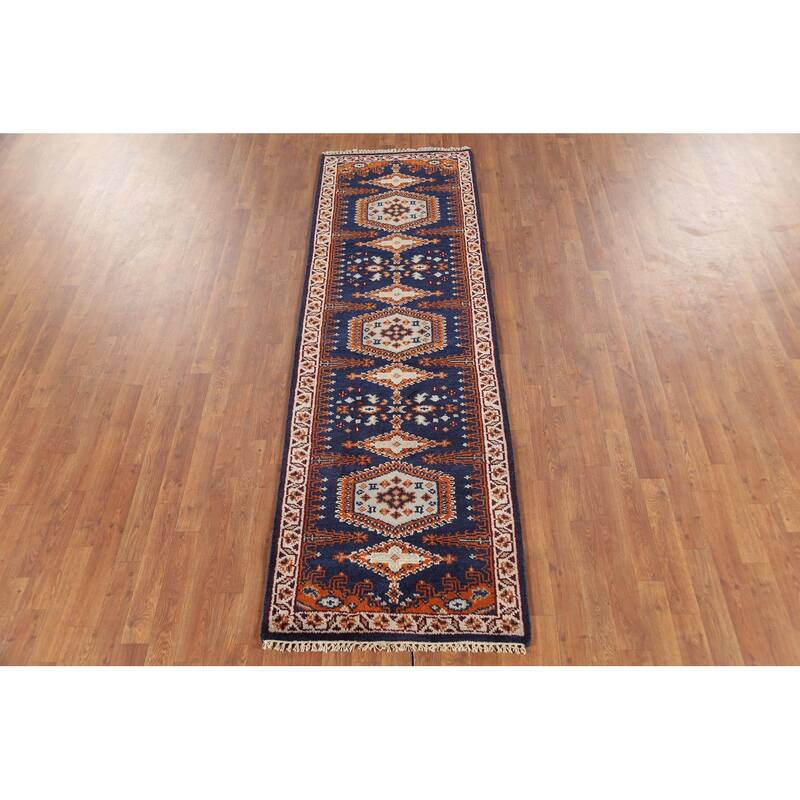 Blue Geometric Viss Oriental Runner Rug Handmade Wool Carpet - 2'7"x 7'10"