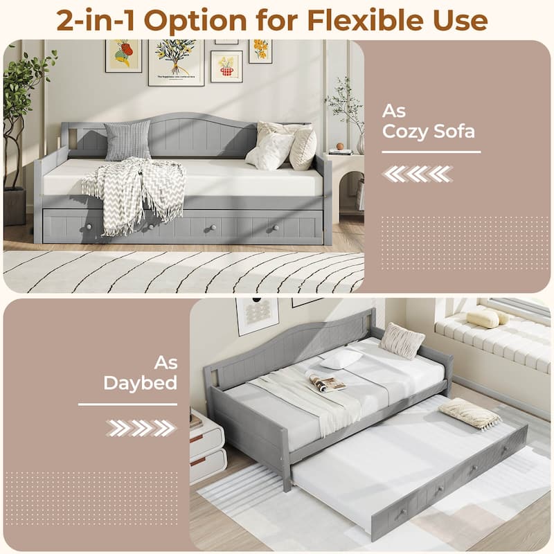 Costway Twin Size Daybed with Trundle Solid Wood Sofa Bed with Slats