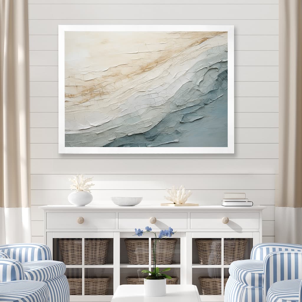 Designart "Minimalism Beige And Grey Wave Horizon I" Coastal Minimalism Framed Wall Decor
