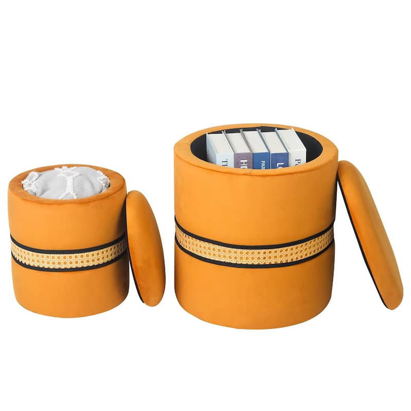 Adeco Set of 2 Velvet Storage Ottoman Round Foot Stool Metal Band