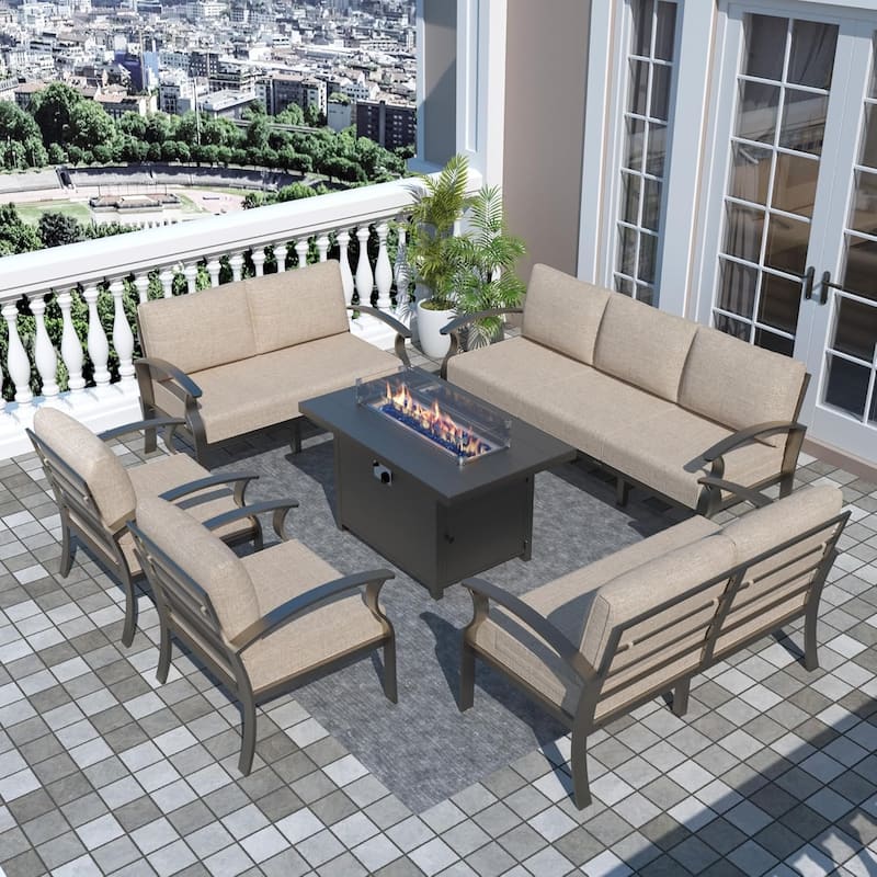 Aluminum Patio Furniture Set with FirePit Ottomans Swivel Chairs,Sectional Sofa with Thick Seat Cushions for Porch Garden - 9-Seats - Khaki