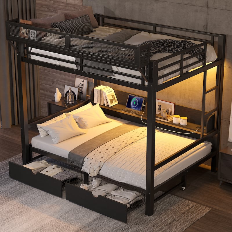 Multifunctional Metal Bunk Beds with USB Ports,Drawers,Shelves and LED Lights